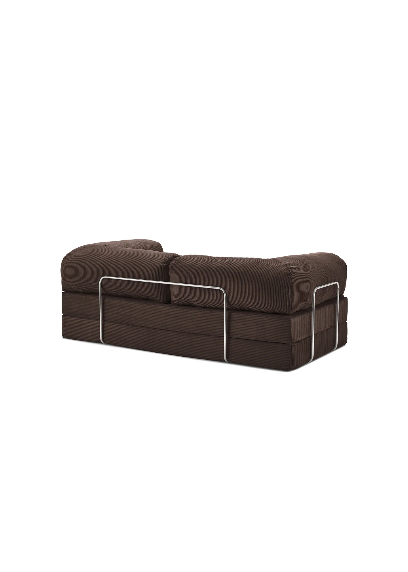 Brown teedy sofa with white trim on a white background