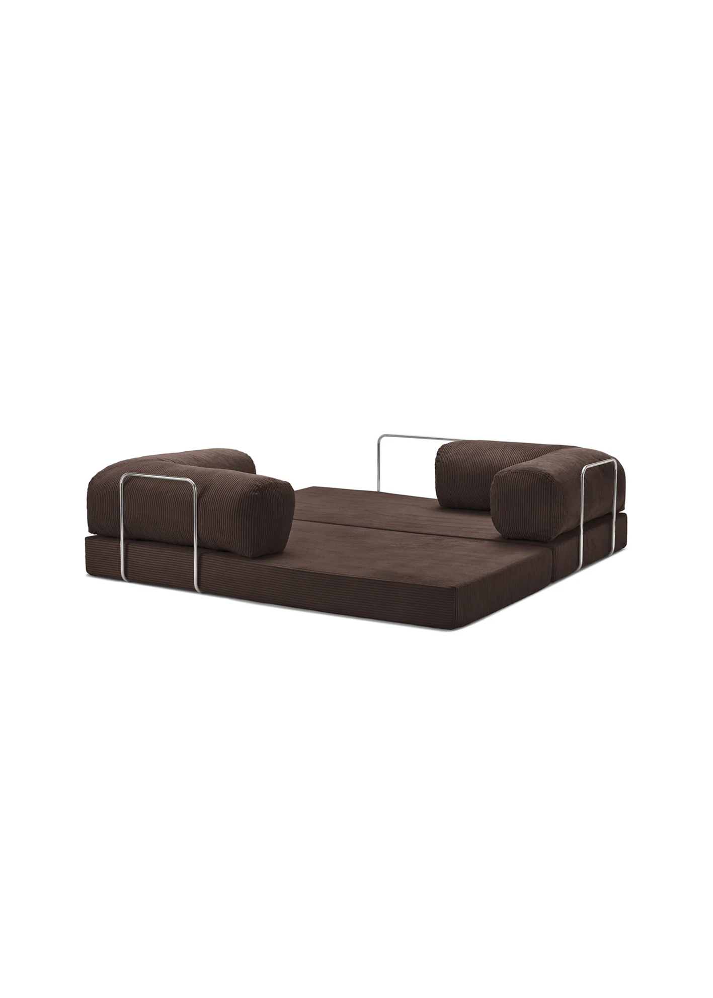 Brown teedy sofa bed with white trim on a white background