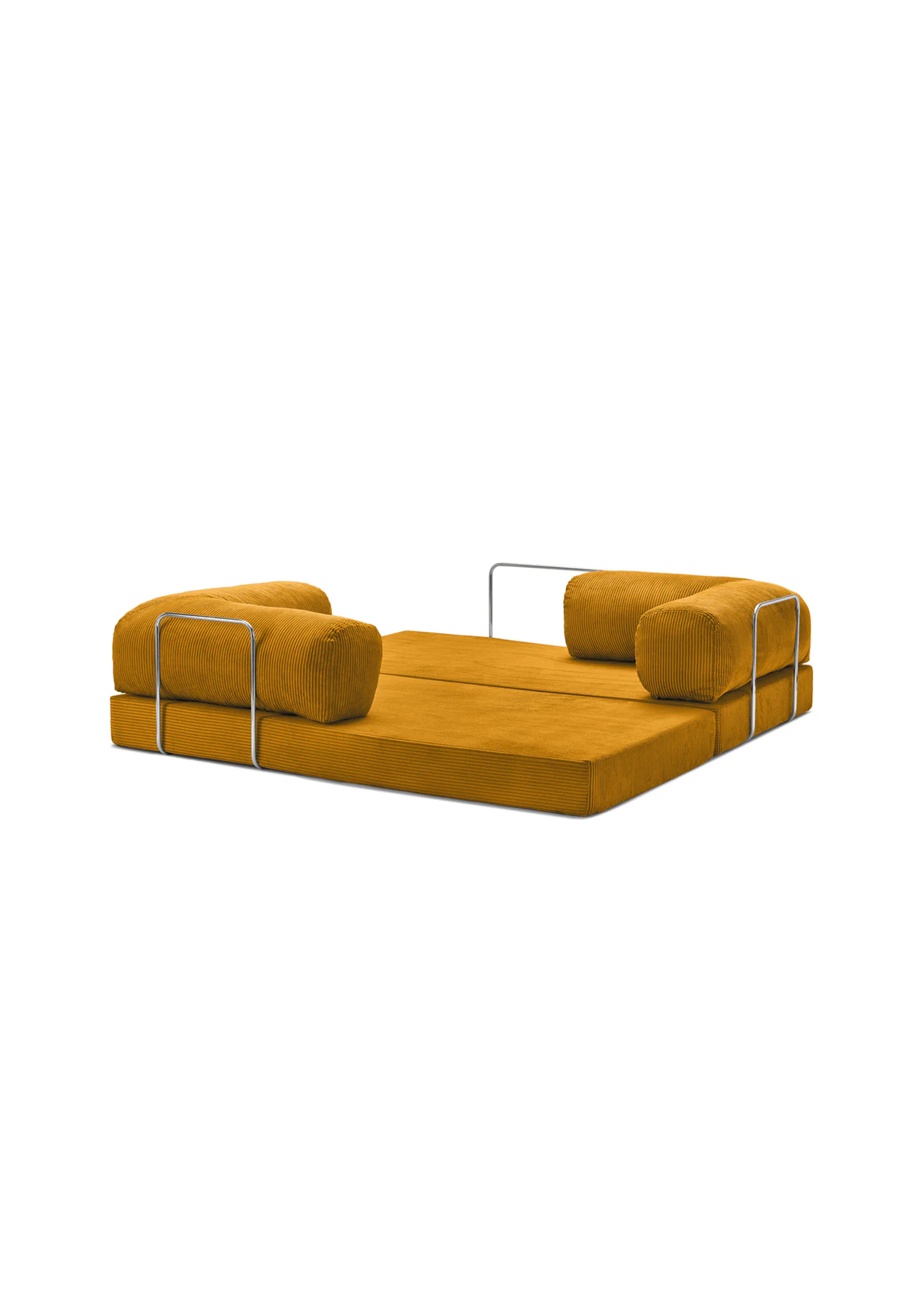 Mustard yellow teedy sofa with metal frame on a white background