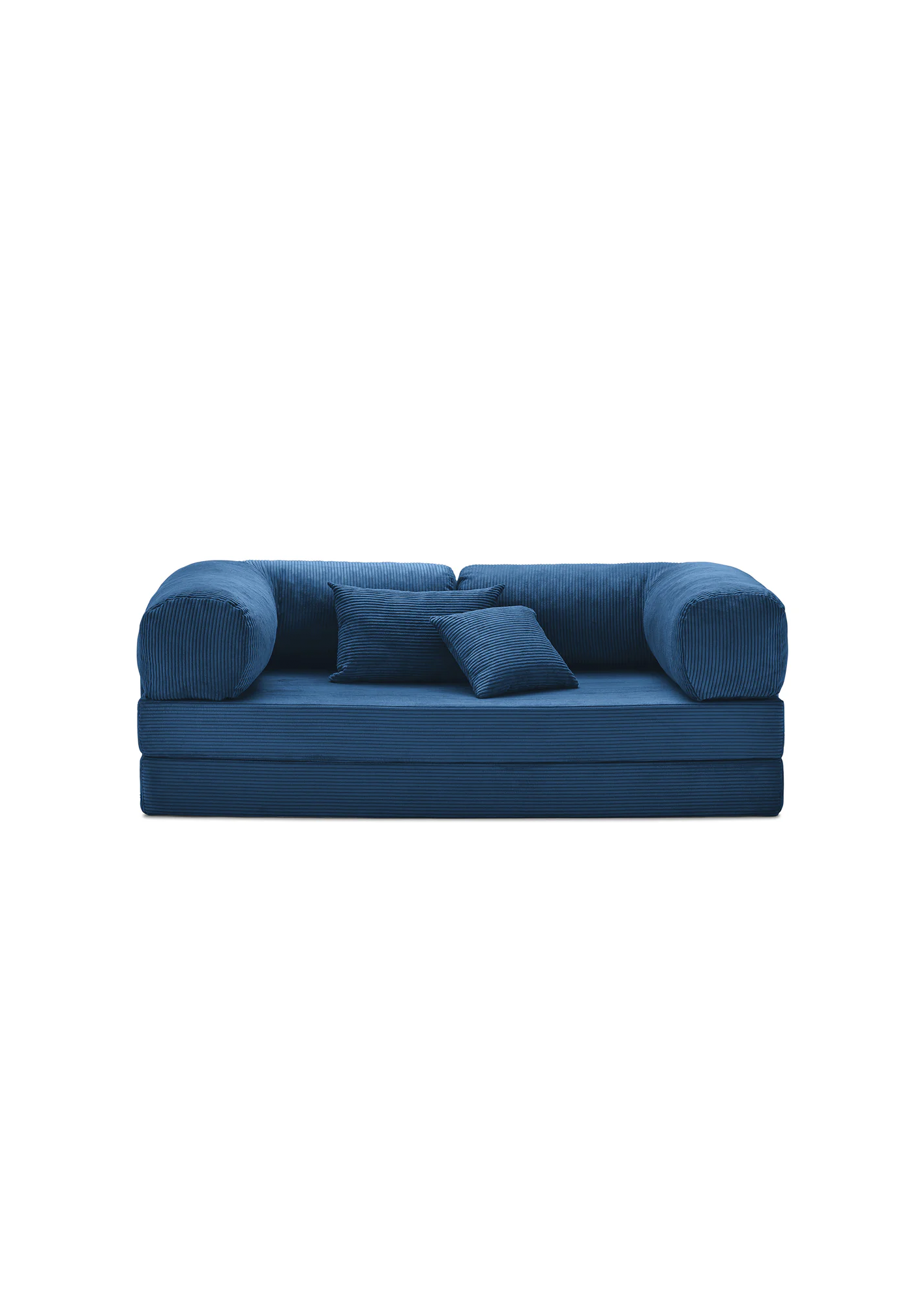 Teedy Sofa Modern Fabric 3 Seater UAE | FormaBlue sofa with cushions on a white background