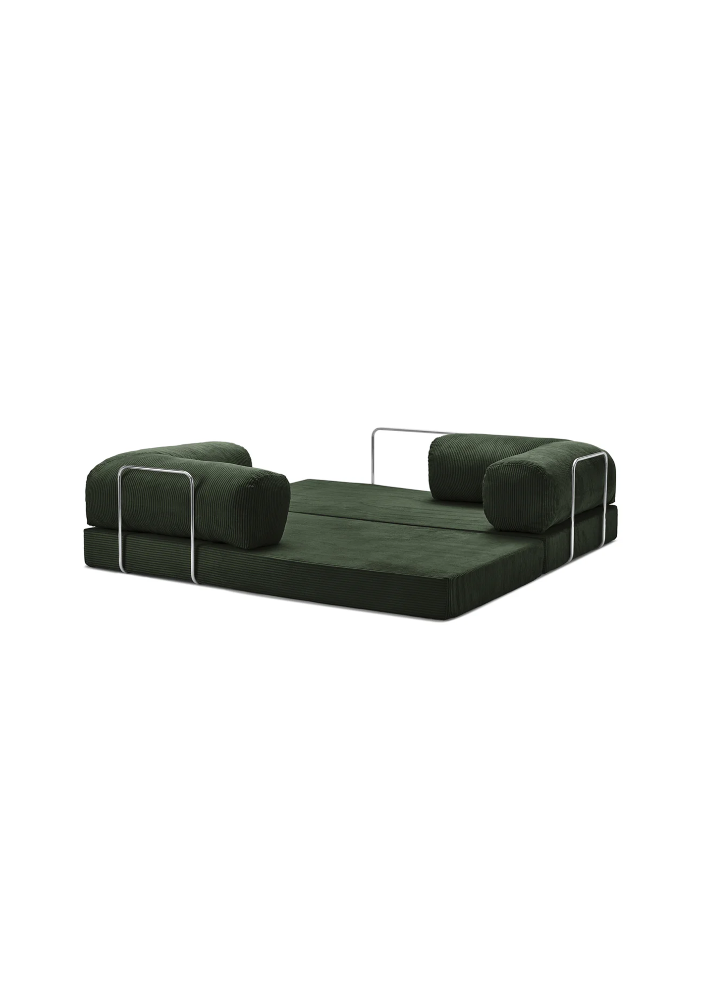 Dark green teedy sofa with white trim on a white background