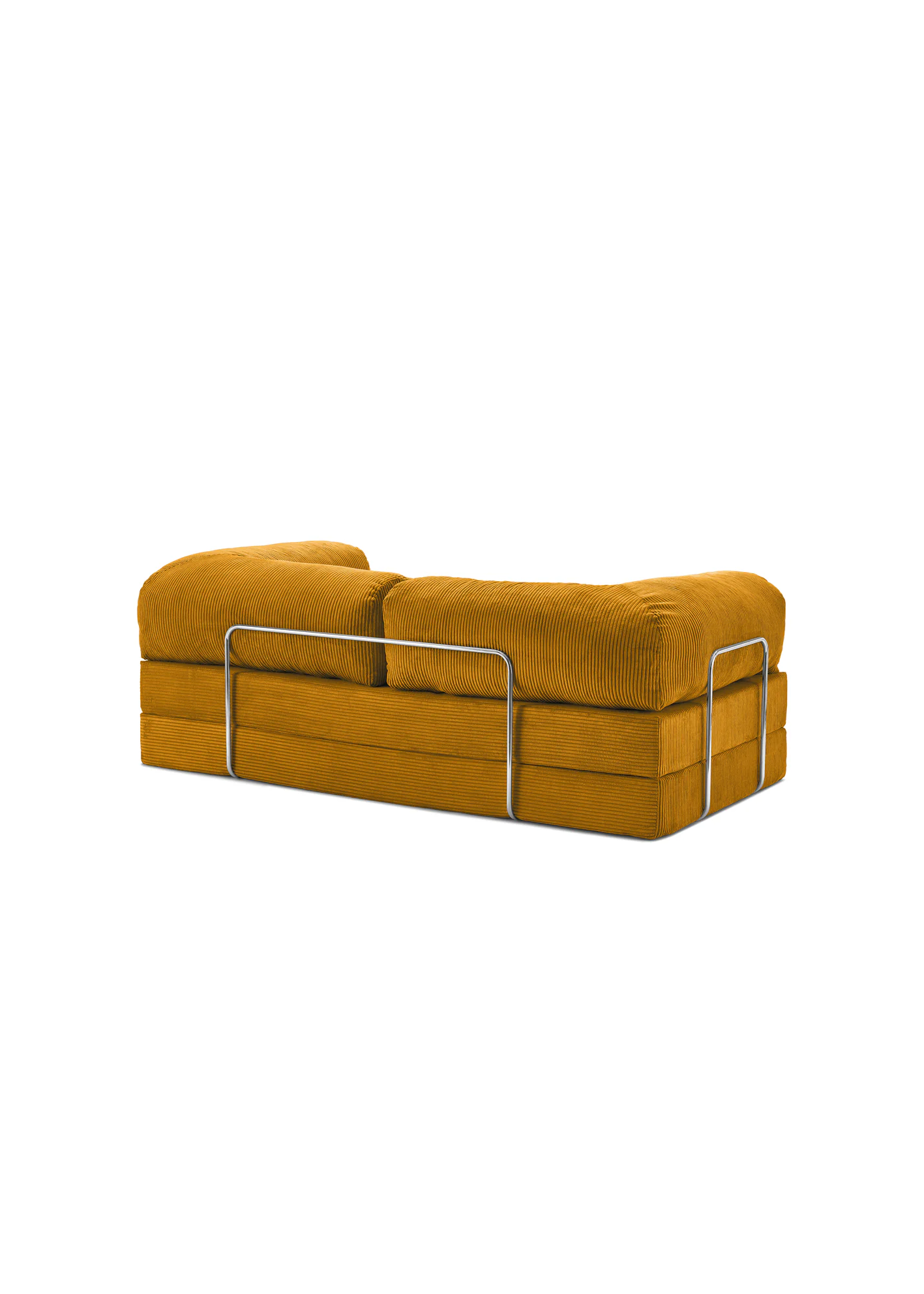 Mustard yellow teedy sofa with metal frame on a white background