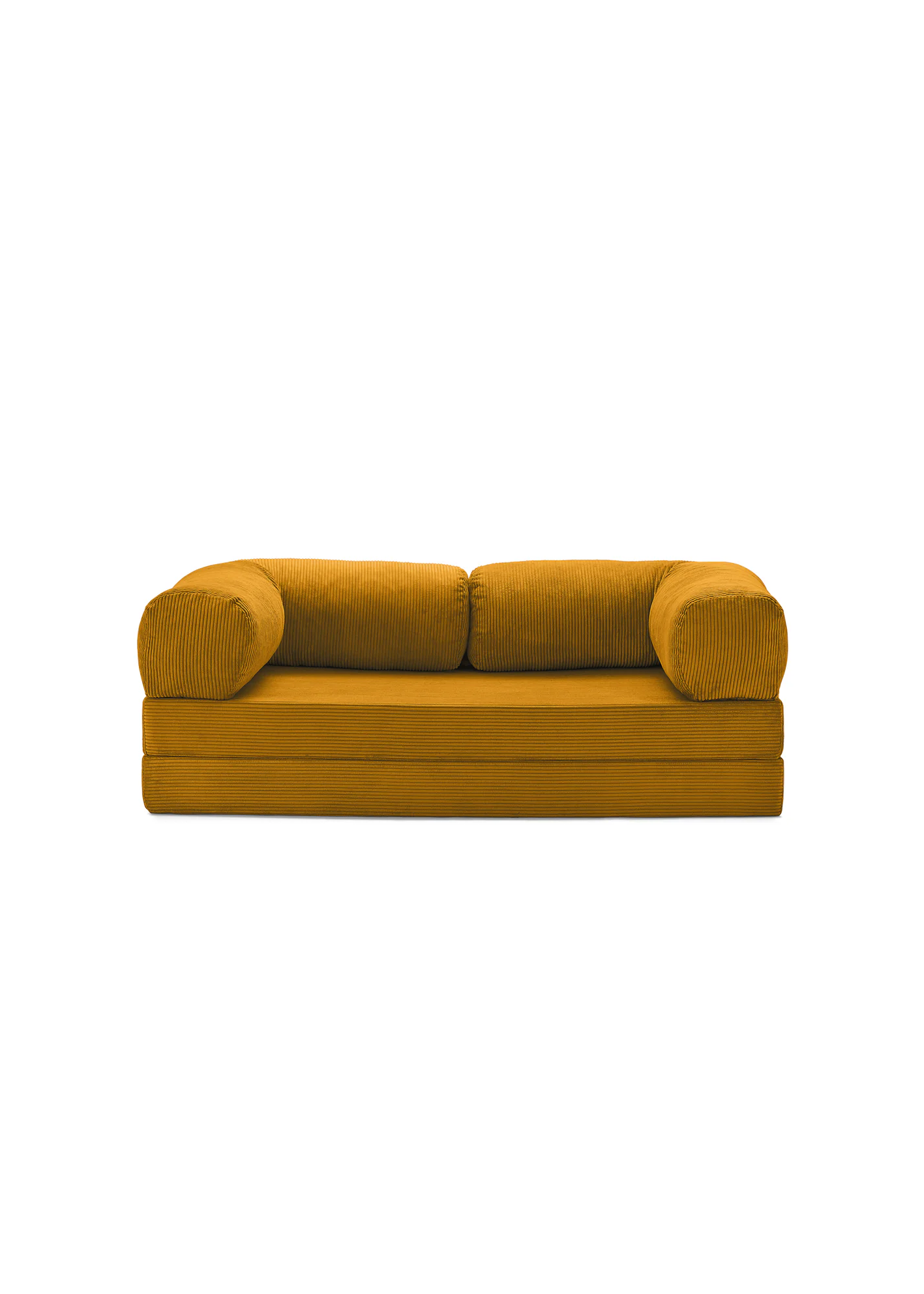 Mustard yellow teedy sofa with rounded ends on a white background