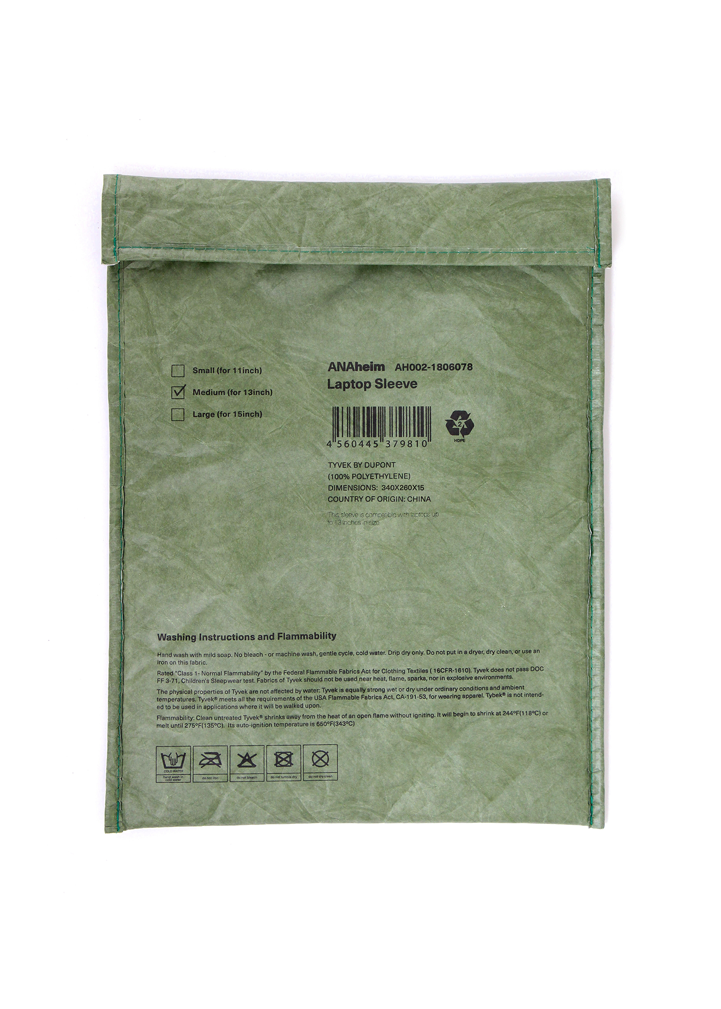 Green laptop sleeve with text and symbols on a white background