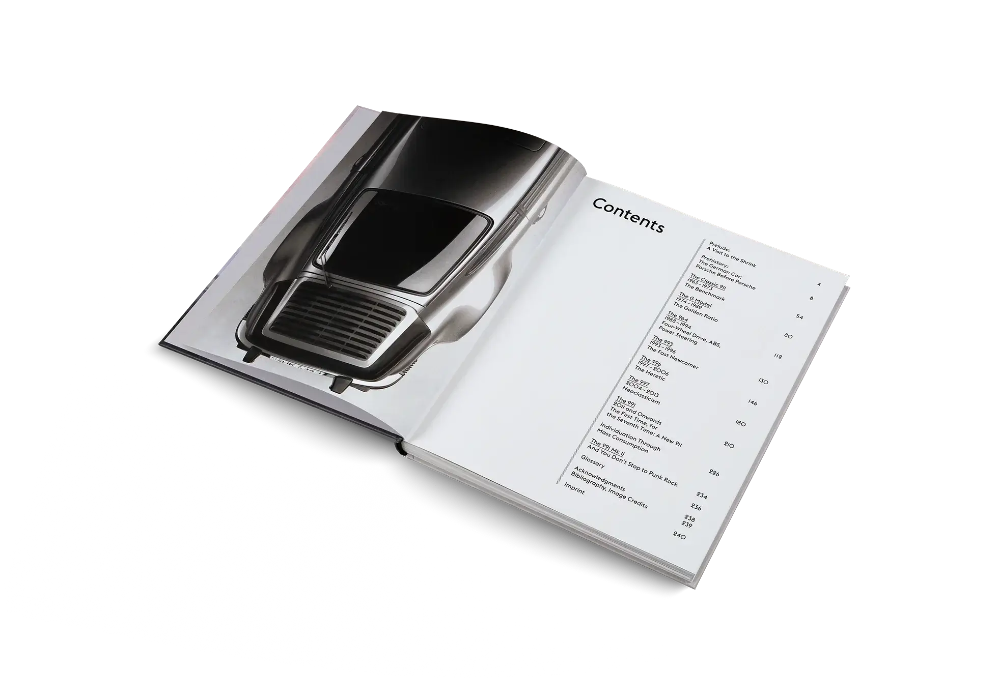 Open book with a car illustration on the cover and a list of contents on the right page.