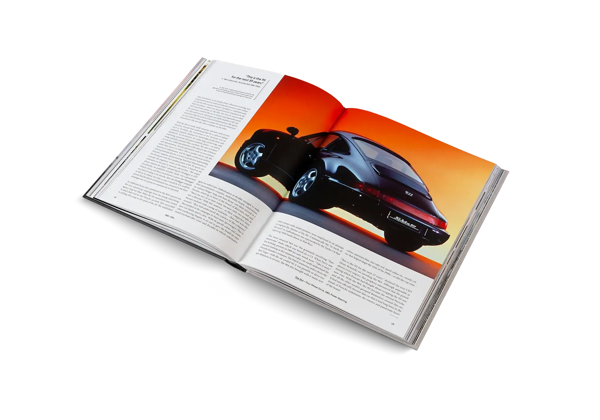 Open book showing a car on a white background