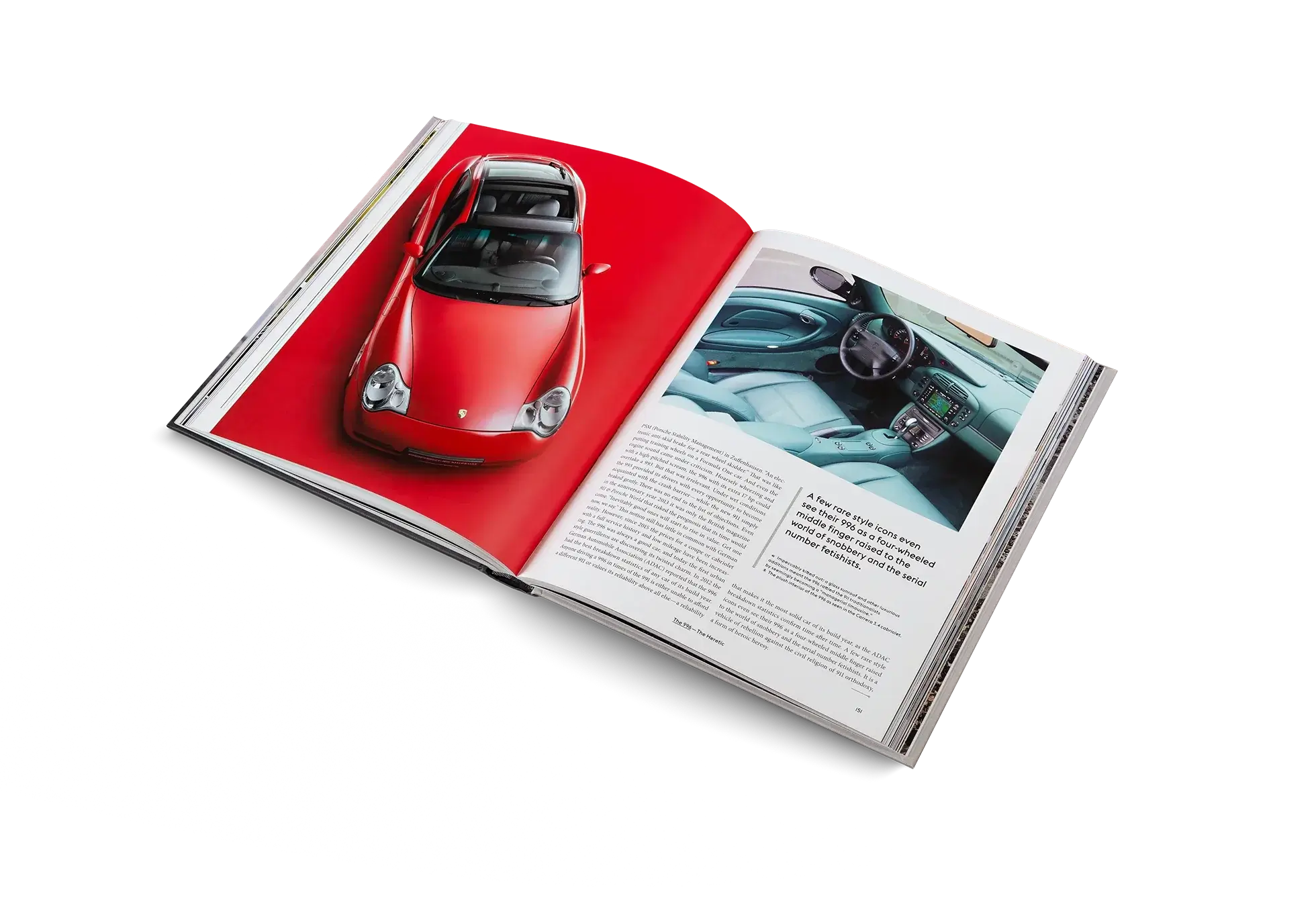 Open book showing a red car on one page and its interior on the other, on a white background.