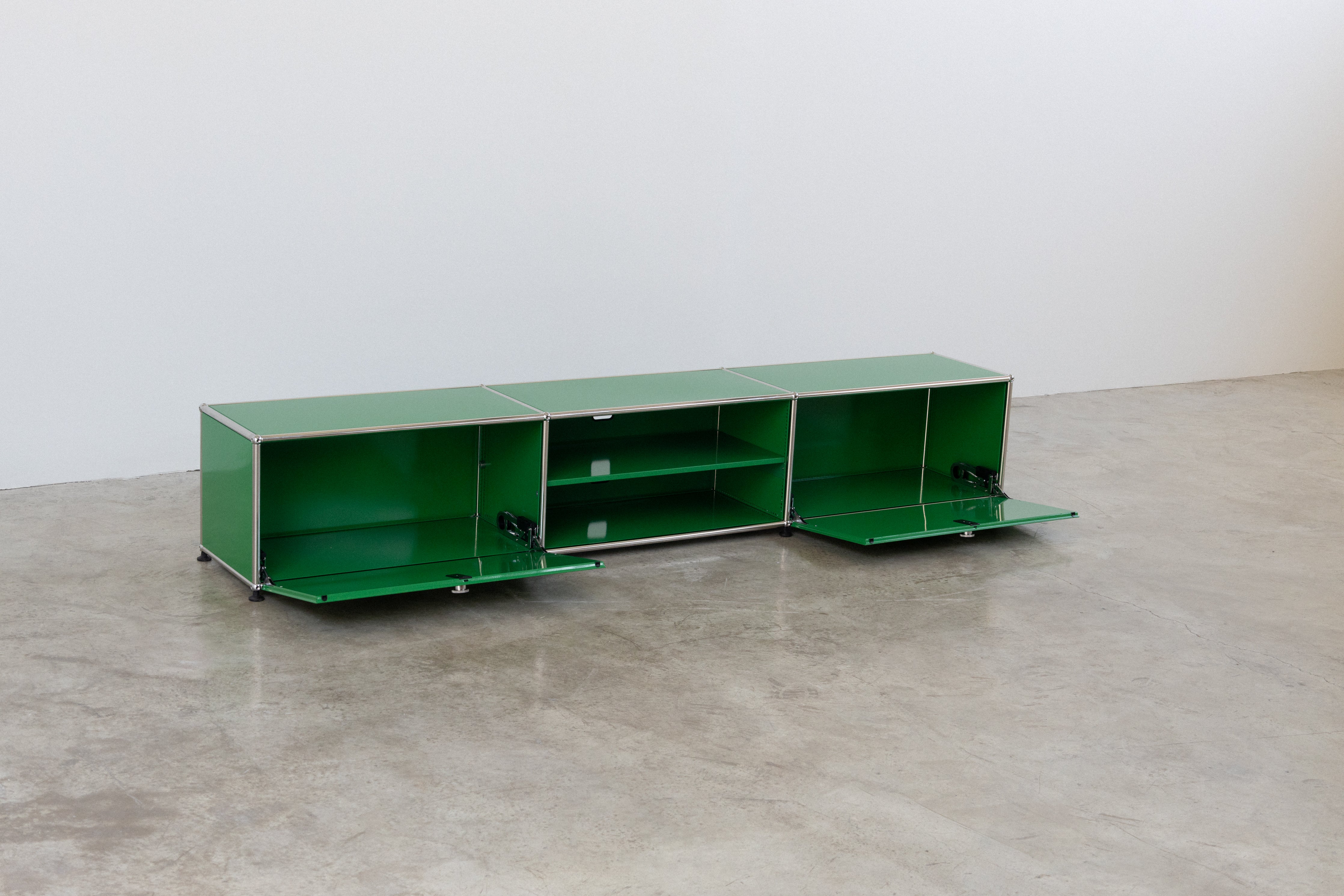 Modern USM style modular TV unit with chrome steel frame and powder-coated panels in [color], 227cm wide.