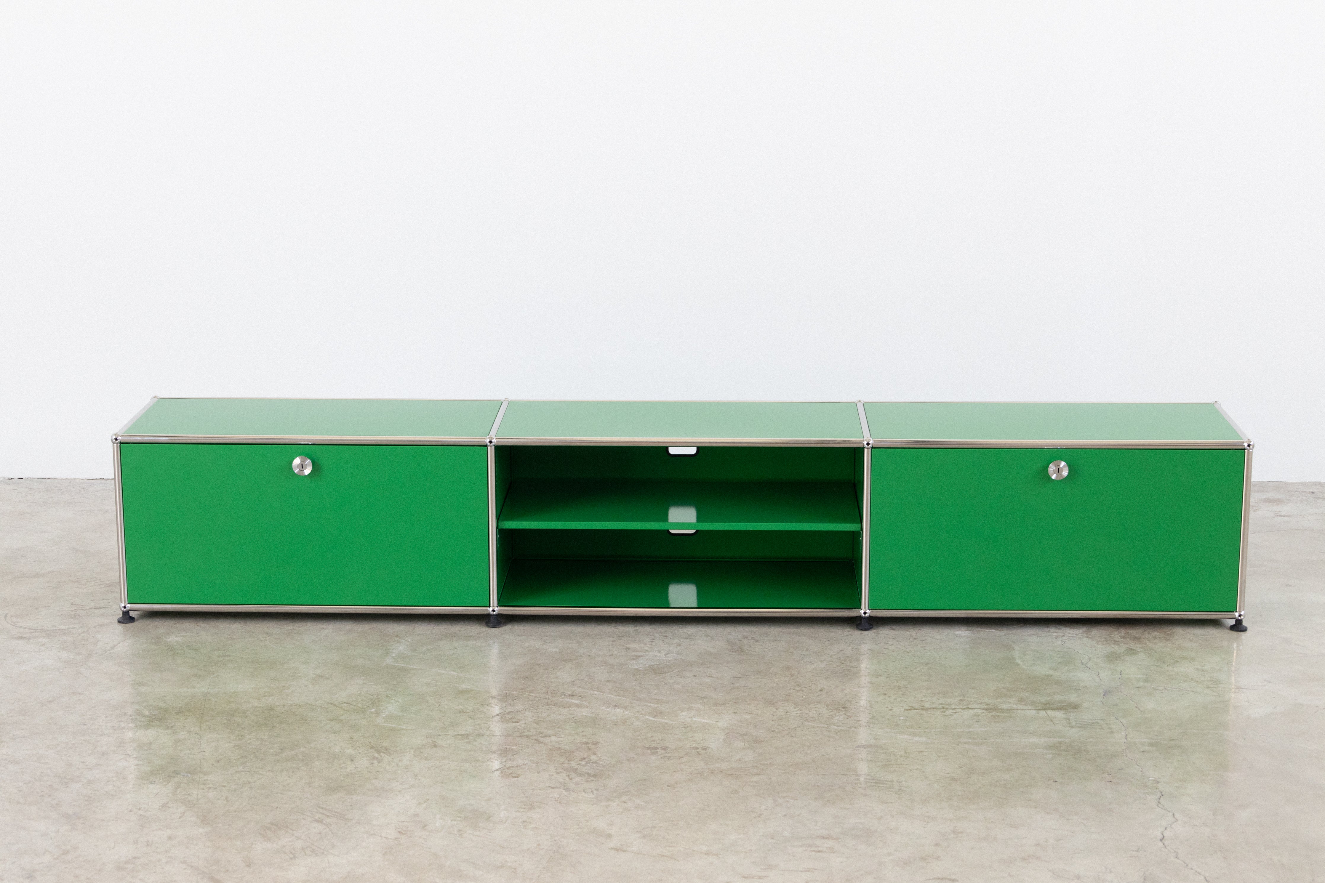 Modern USM style modular TV unit with chrome steel frame and powder-coated panels in [color], 227cm wide.