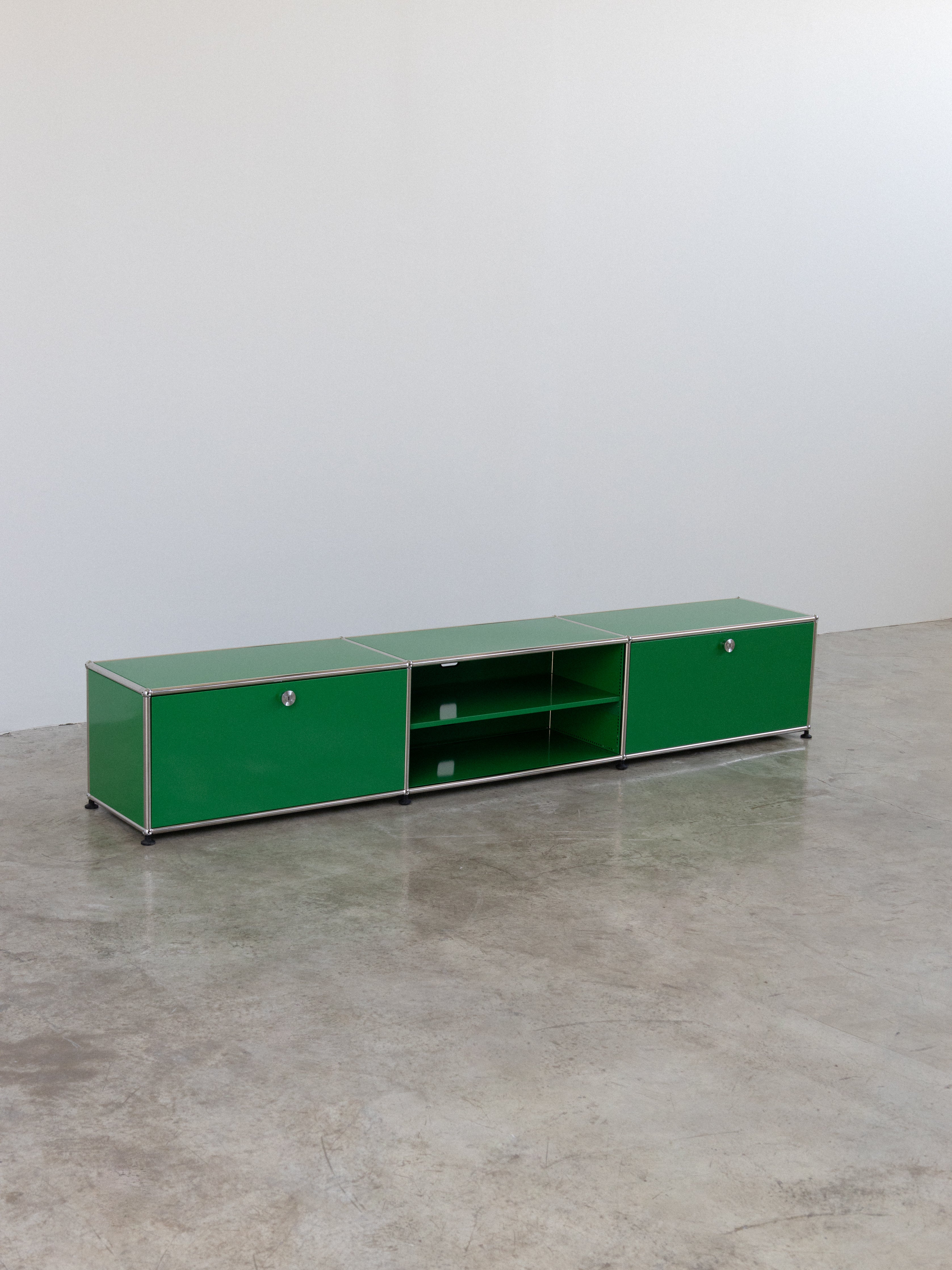 Modern USM style modular TV unit with chrome steel frame and powder-coated panels in [color], 227cm wide.